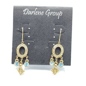 Gold-Tone Oval Dangle Earrings With Blue Rhinestones By Darlene Group